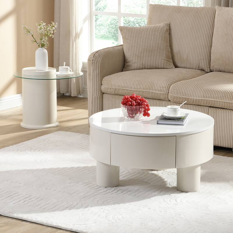 Nesting Coffee Table Set of 2, Round Coffee Table with Drawer, Circular Wood Center Table Set