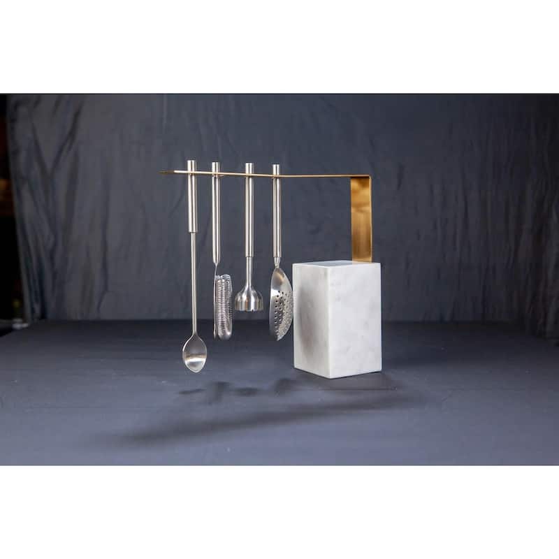 White Marble & Gold Hanging Bar Tools Set - Natural White Marble