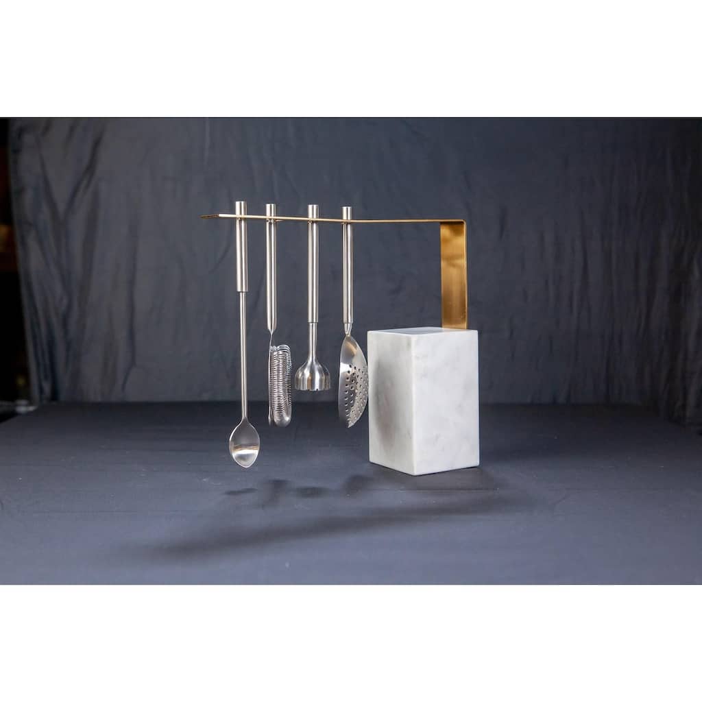White Marble & Gold Hanging Bar Tools Set - Natural White Marble