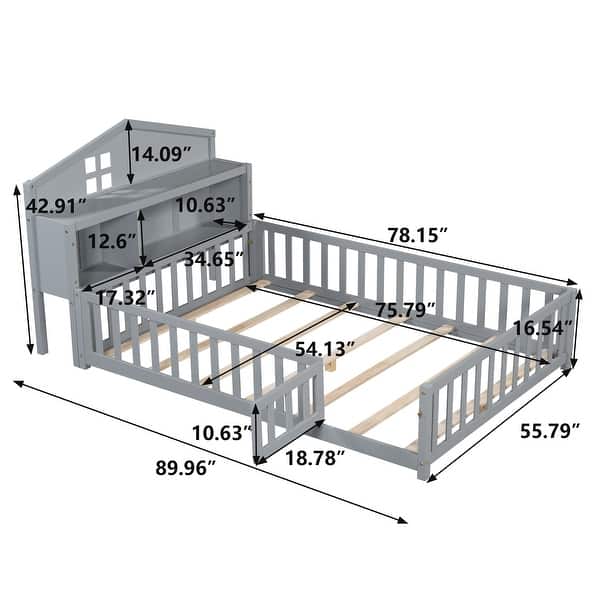 dimension image slide 1 of 3, Full-Size Montessori Floor Bed with Bookcases & Blackboards, Solid Wood Design for Kids with Guardrails & Storage, Grey