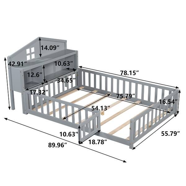dimension image slide 2 of 3, Montessori Floor Bed Full Size Platform Bed with House-shaped Bookcases Headboard, Blackboard, Storage Shelves, Fence and Door