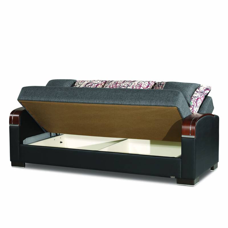HomeRoots 87" Gray Polyester Convertible Futon Sleeper Sofa And Toss Pillows With Storage