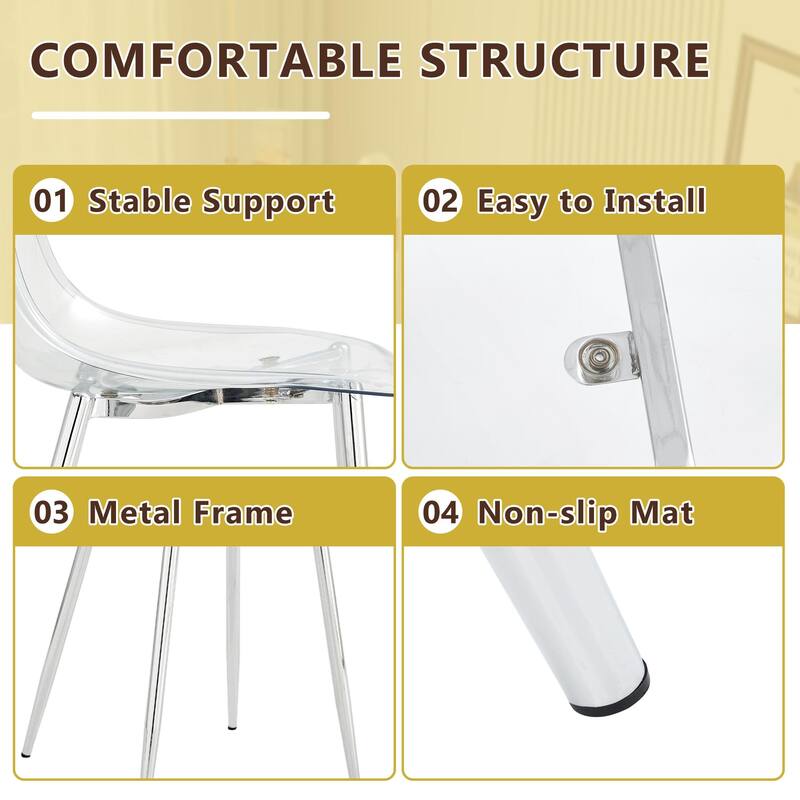 Set of 5 Piece Round Glass Dining Table and 4 Transparent Plastic Chairs X Shaped Metal Base