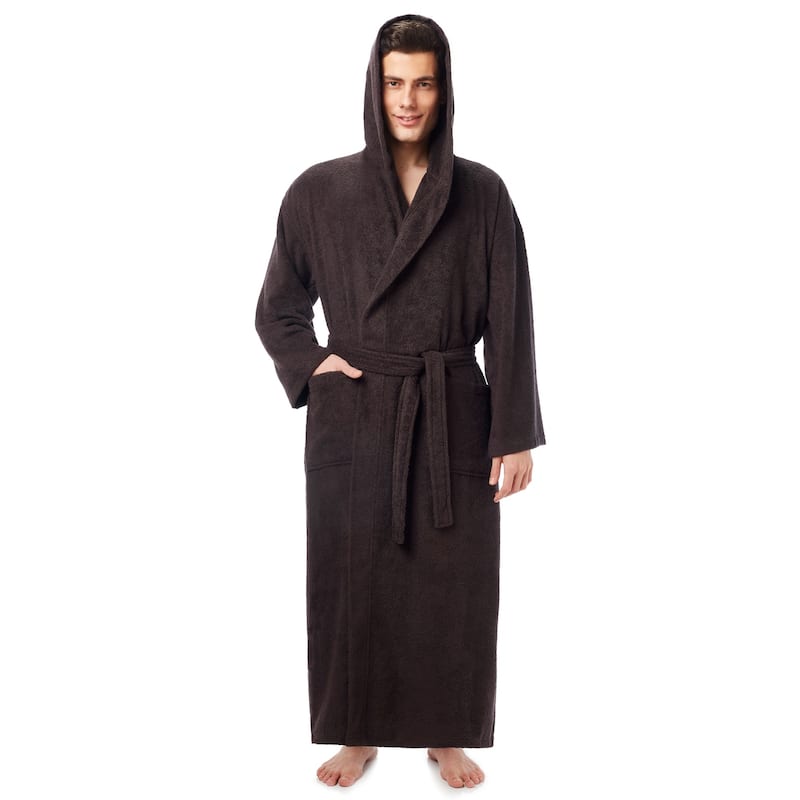 Men's Long Turkish Cotton Hooded Bathrobe - Charcoal - L-XL