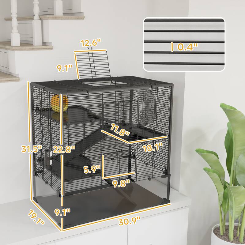 PawHut Large Hamster Cage with Deep Tempered Glass Bottom, 4 Tiers Hamster Tank with Running Wheel, Black