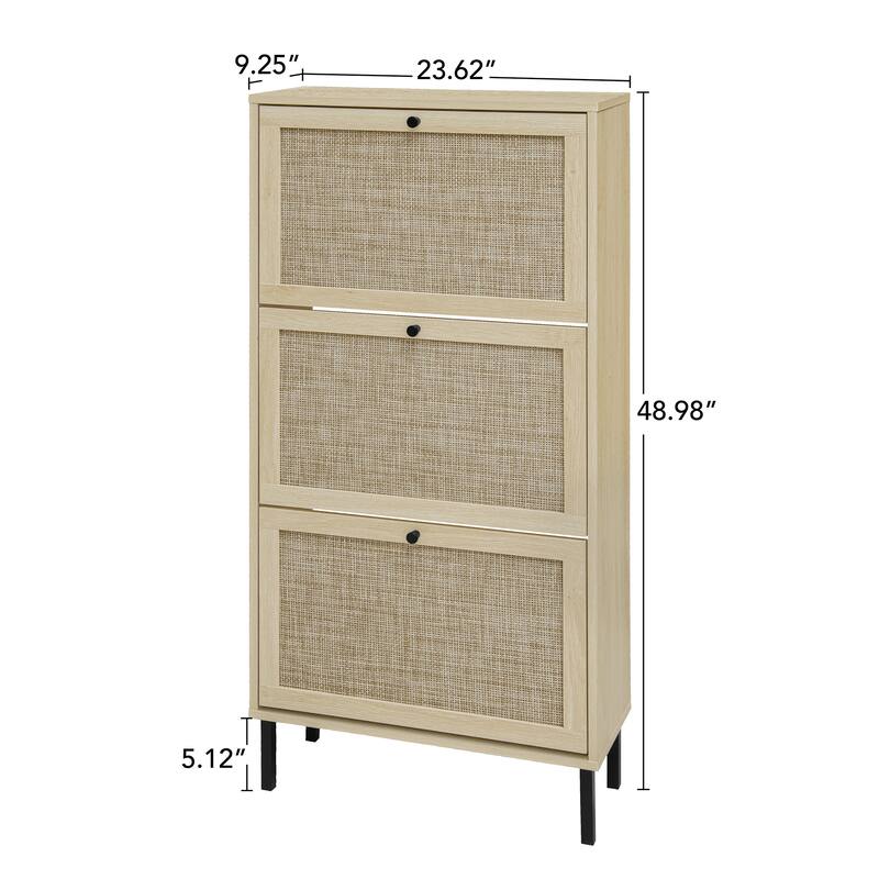 Shoe Storage Cabinet with 3 Flip Drawers, Freestanding 3-Tier Shoe Rack, Slim Shoe Organizer with Half Round Woven Rattan Doors