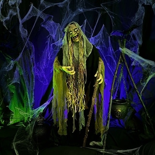 Haunted Hill Farm 5.7-Ft. Life-Size Talking Animatronic Witch with White Eyes