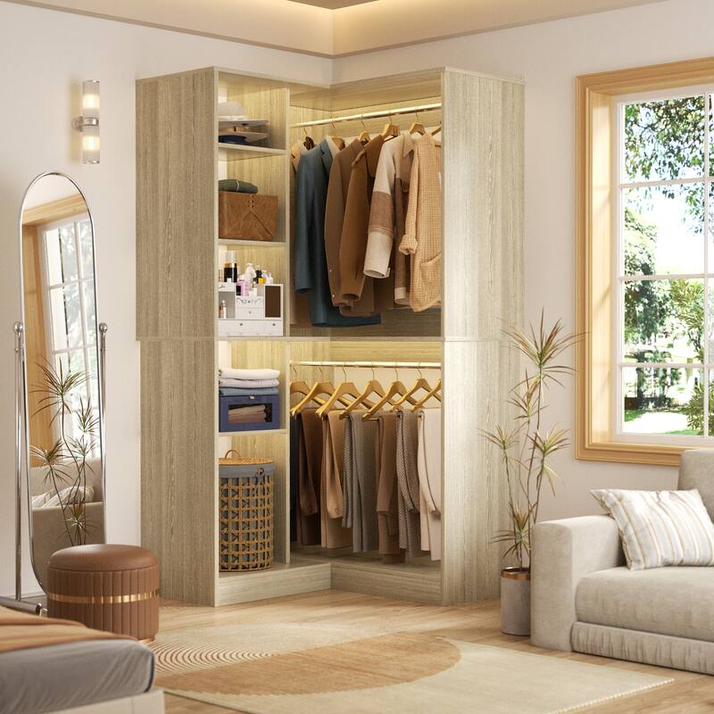 Qvella 36" Corner Closet System with 2 Hanging Rods and Hutches, Freestanding Corner Wardrobe Rack with Adjustable Shelves - White Oak