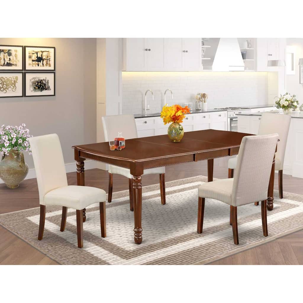 Rectangular Dining Set - 5pc Table & 4 Chairs - 60x78" Table w/ Leaf - Linen Fabric Cream