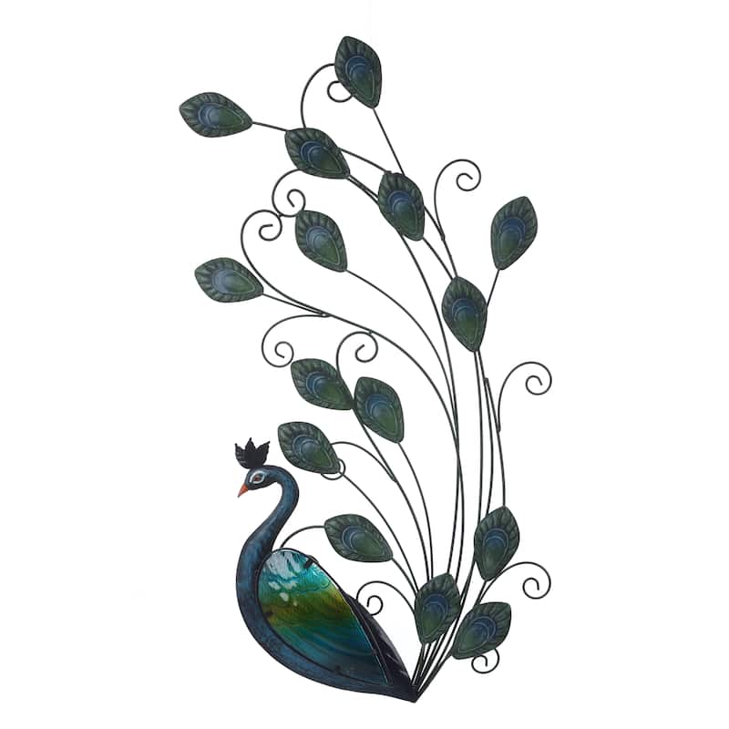 Green and Blue Peacock Metal and Glass Outdoor Wall Decor