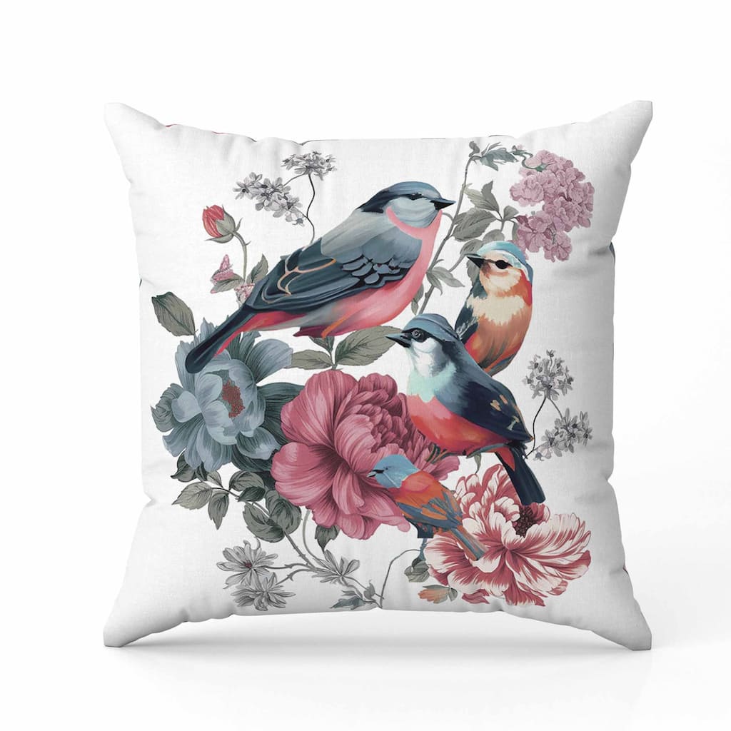 Petal Perched Birds Indoor/Outdoor Reversible Throw Pillow White and Pink