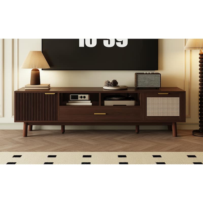 Dark Brown Solid Wood TV Stand for 75" TVs，TV Console with Soft-Closing Door and Drop-Down Door Cabinet