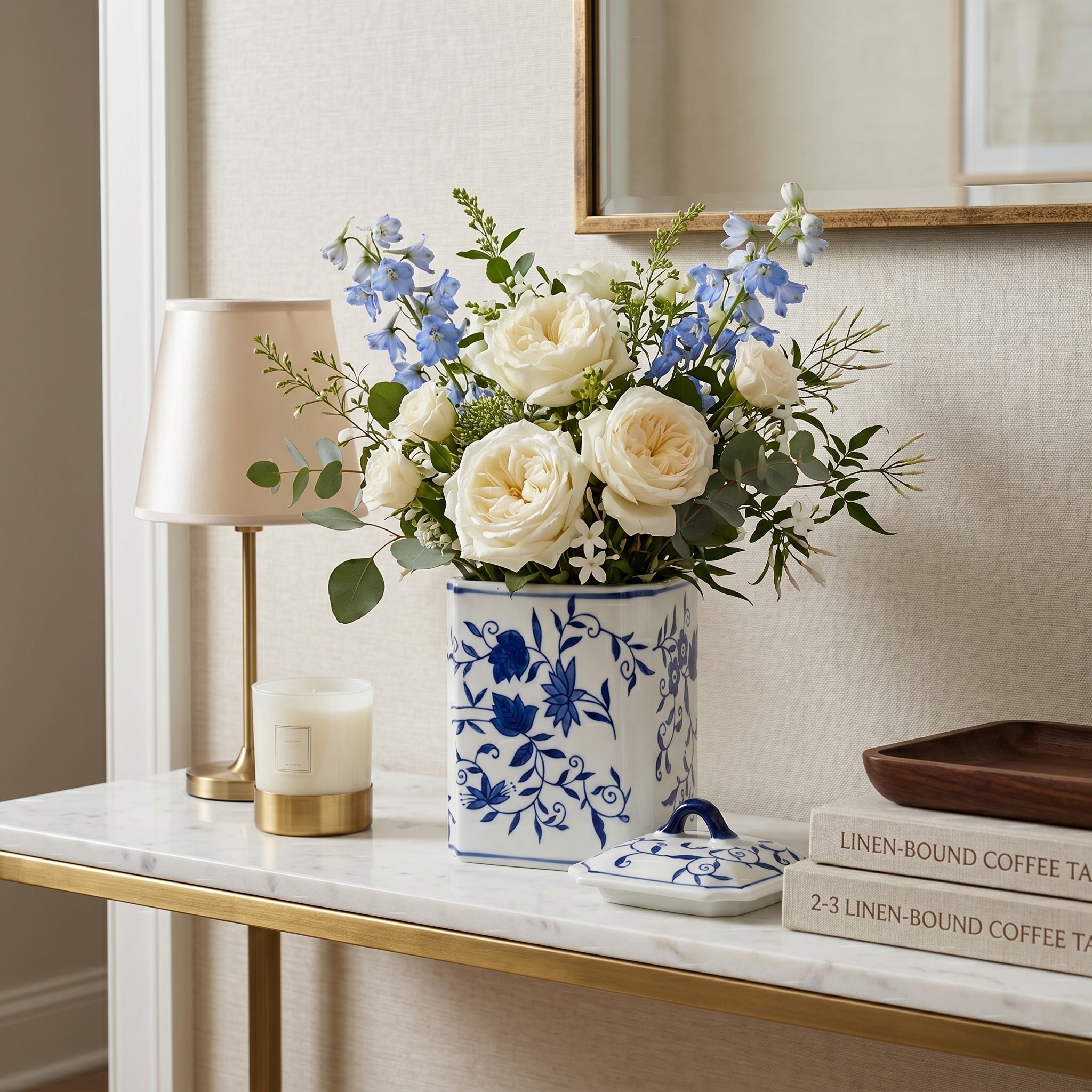Decorative Jar - Blue Ceramic Chinoiserie Floral Lidded, 9in