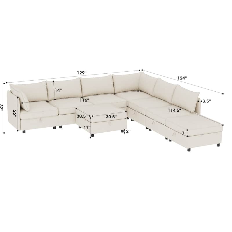 129" Chenille Modular Sectional Sofa with Storage