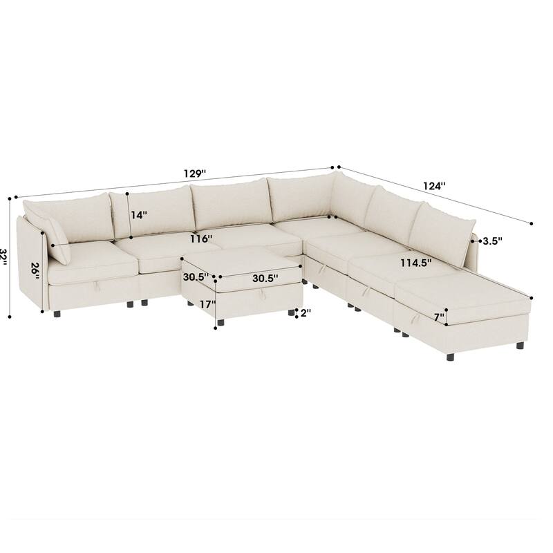 Oversized Modular Sectional Sofa Bed Convertible Sleeper Sofa Set 8-seat Daybed with 2 Storage Ottomans and Chaise Lounge