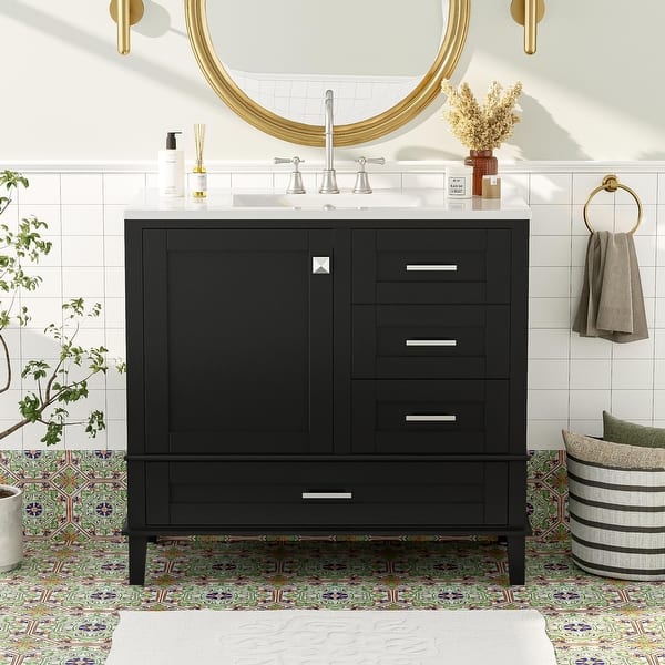 slide 2 of 21, GDFStudio - Aurea 36" Bathroom Vanity with Ceramic Sink, Soft-Close Door & 3 Drawers Black