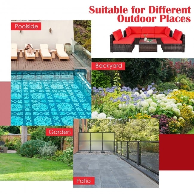 6 Pieces Patio Rattan Furniture Set with Cushions and Glass Coffee Table