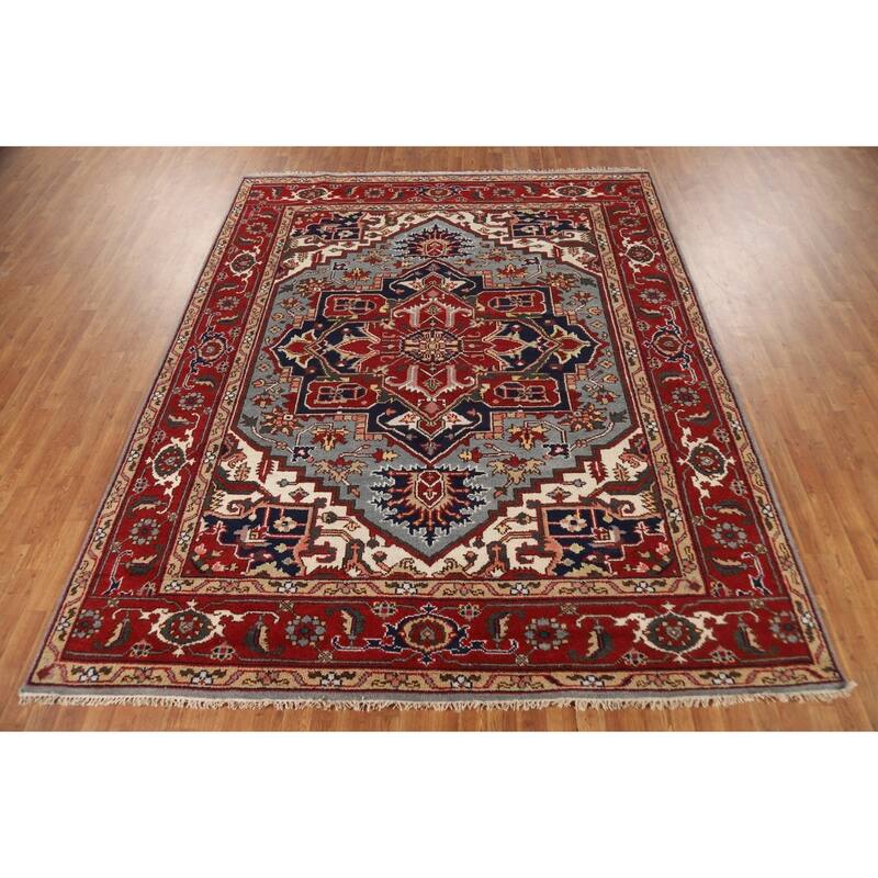 Geometric Heriz Serapi Indian Area Rug Hand-Knotted Wool Carpet - 8'0" x 10'0"