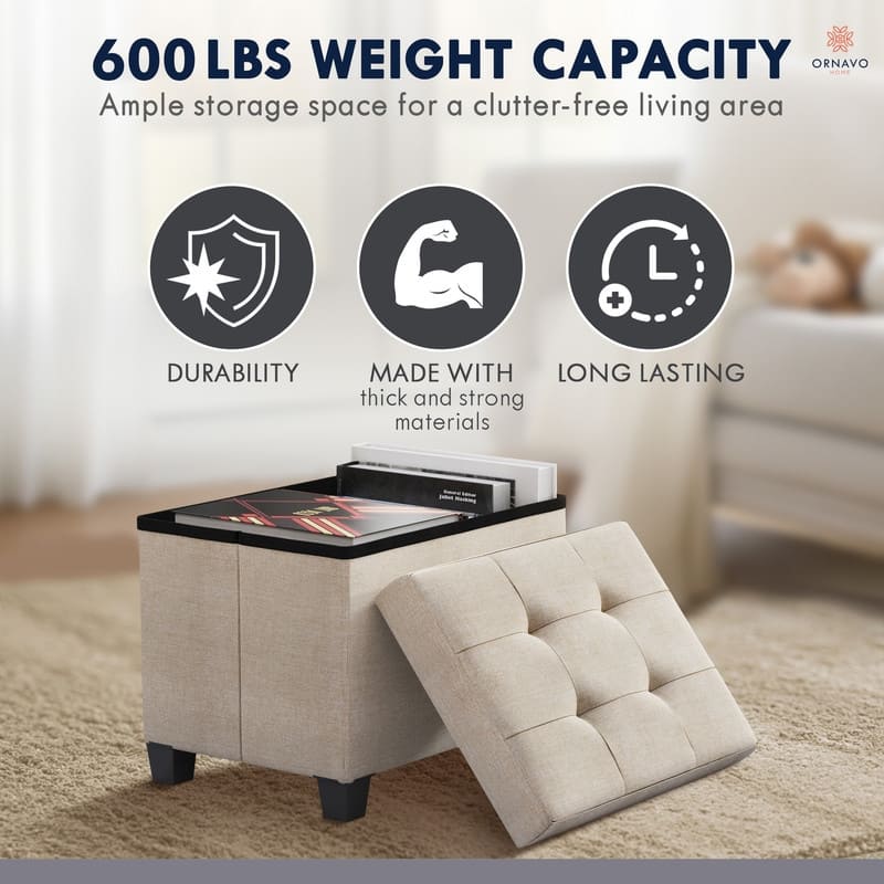 Ornavo Home Collapsible Rectangle Small Storage Ottoman with Legs - 12" x 16" x 12"
