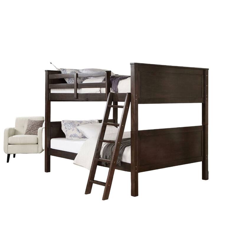 Transitional Style Full Over Full Bunk Bed With Footboard Ladder, Walnut