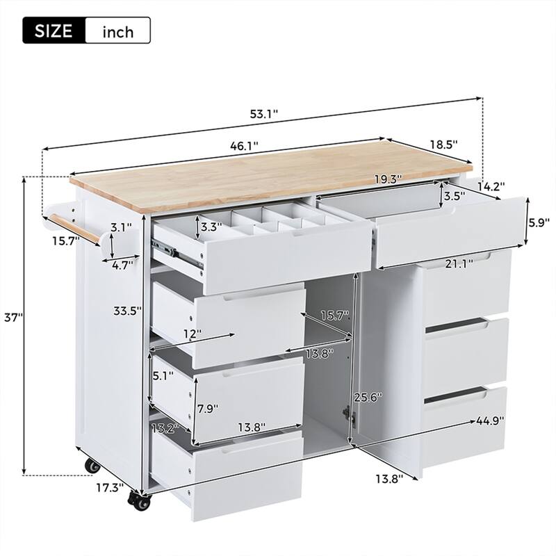 Kitchen Cart With Rubber Wood Countertop, Large Storage Space Flatware Organizer With Spice Rack, Towel Rack