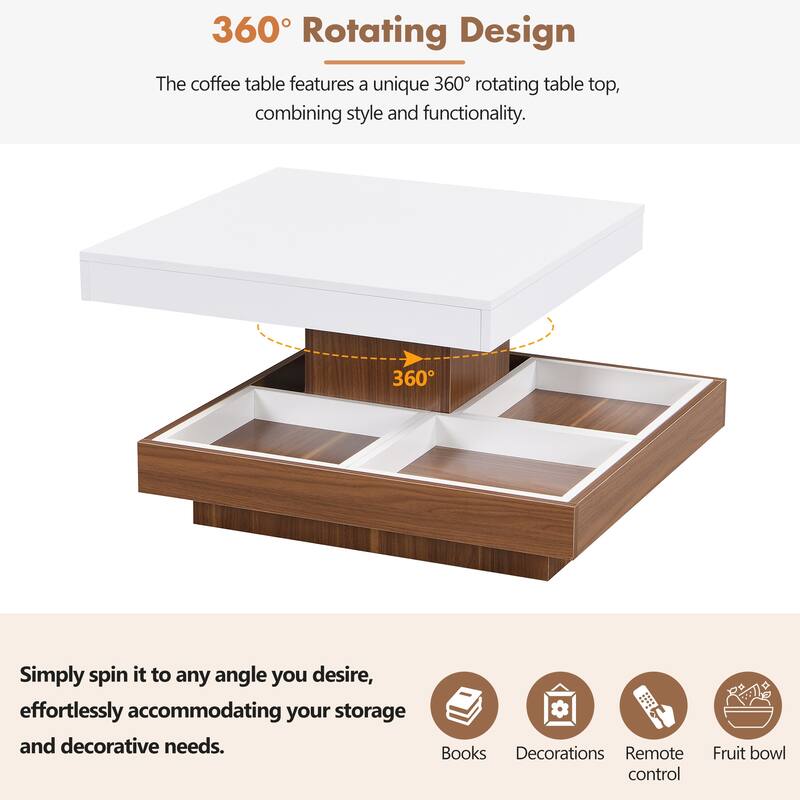 Modern Square 360°Rotating Coffee Table with Three Detachable Tray, 2-Tier Farmhouse Wood Center Table with Storage