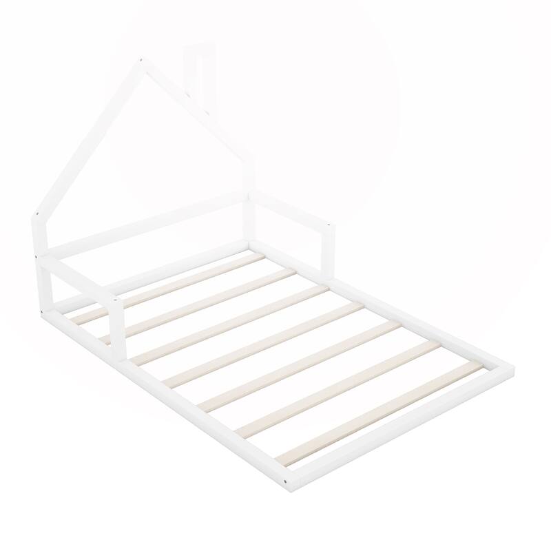 Full Size Wood Floor Bed with House-shaped Headboard