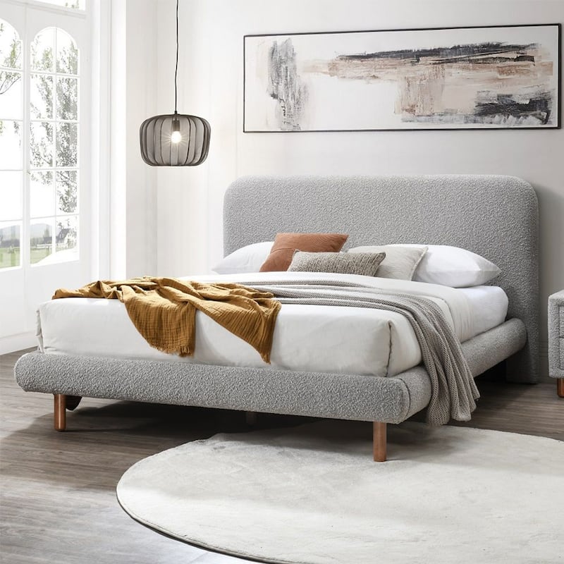 Upholstered Eastern King Bed with Wood Legs in Gray