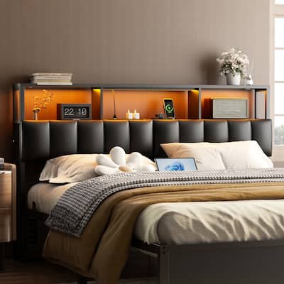 Upholstered Headboard with Hidden Drawer, Head Board with Power Outlet and LED Light