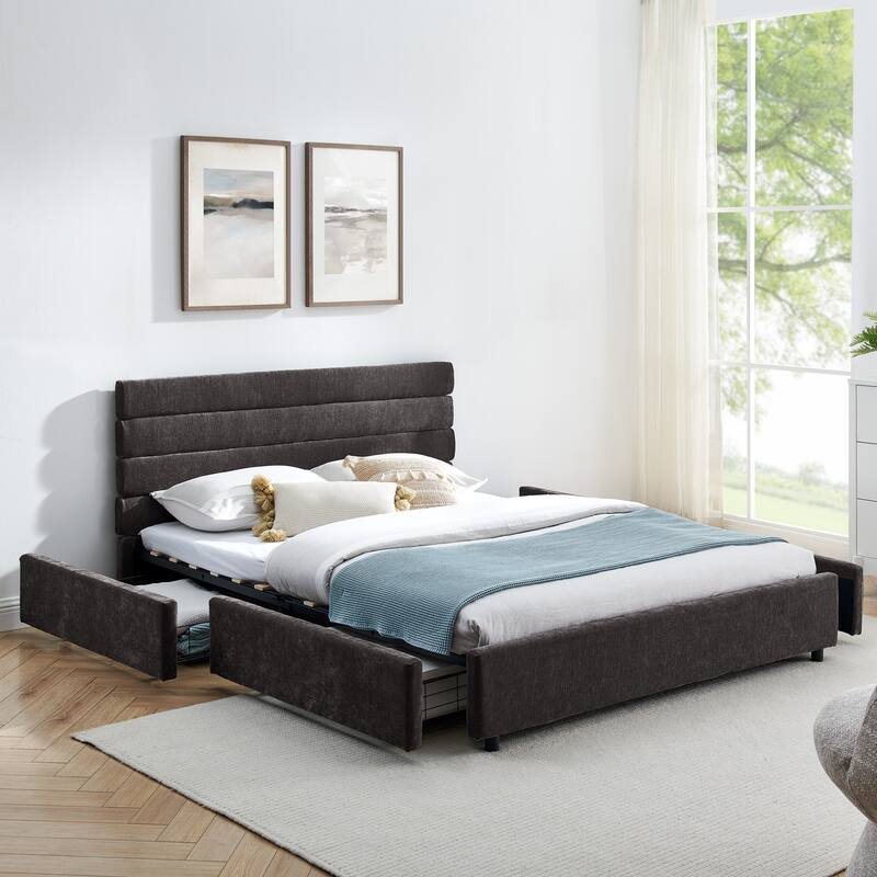 Modern Queen Size Upholstered Bed with Drawers, Velvet Fabric, Dark Grey