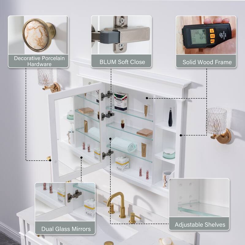 32''H Recessed Mount Solid Wood Framed Medicine Cabinet With Mirror And Shelves