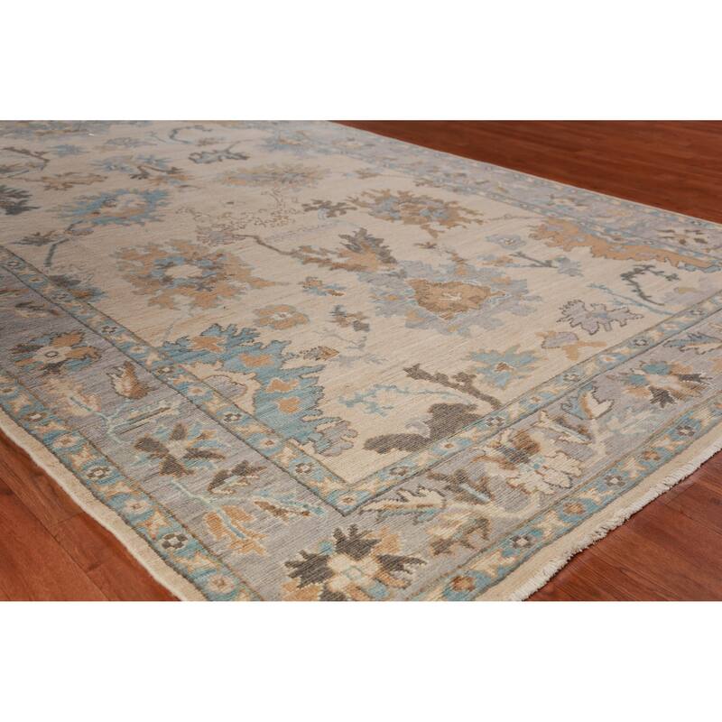 Hand Knotted Oriental 100% Wool Carpet Transitional All-Over Beige & Ivories Oushak Area Rug - 9' 0'' X 6' 1''