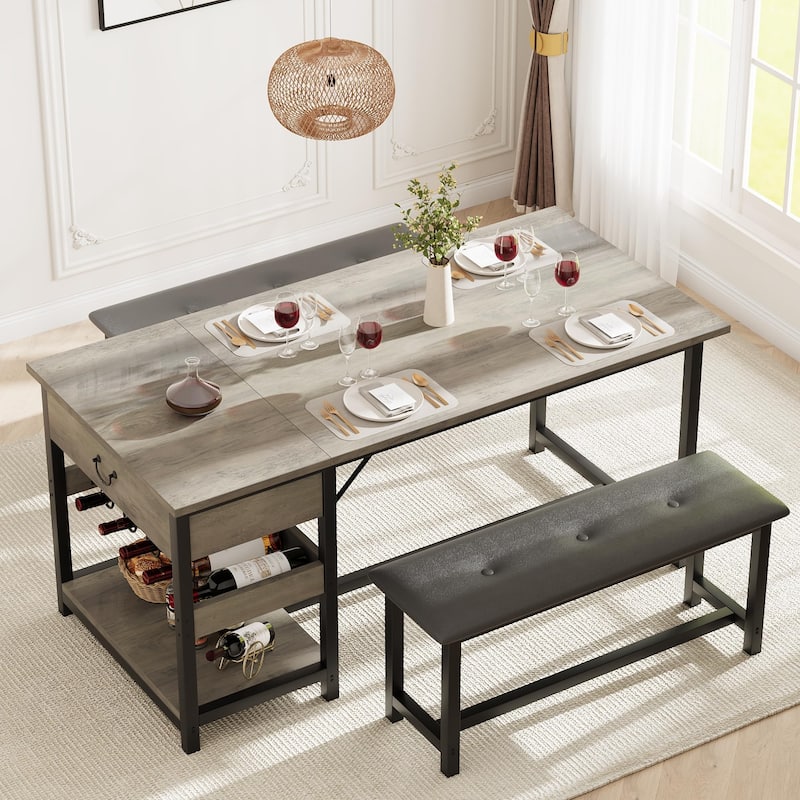 3 Piece Dining Table with Upholstered Benches, Storage Drawer - Grey