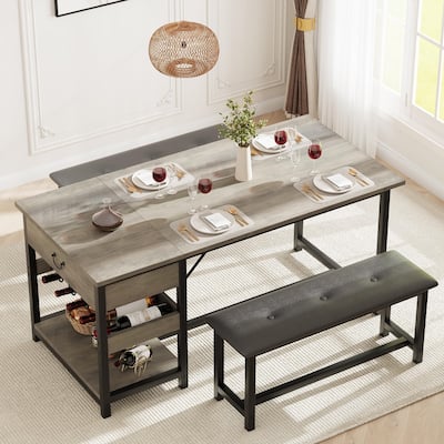 3 Piece Dining Table with Upholstered Benches, Storage Drawer