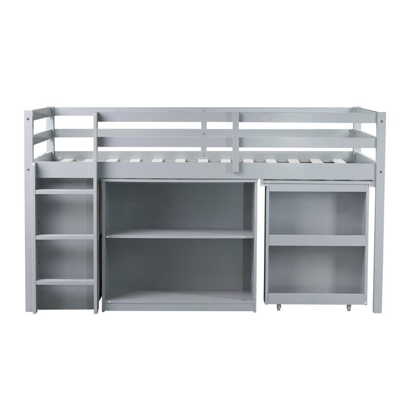 Twin Rubber Wood Loft Bed with Drawer Cabinet, Shelf,Pulling -Out Desk