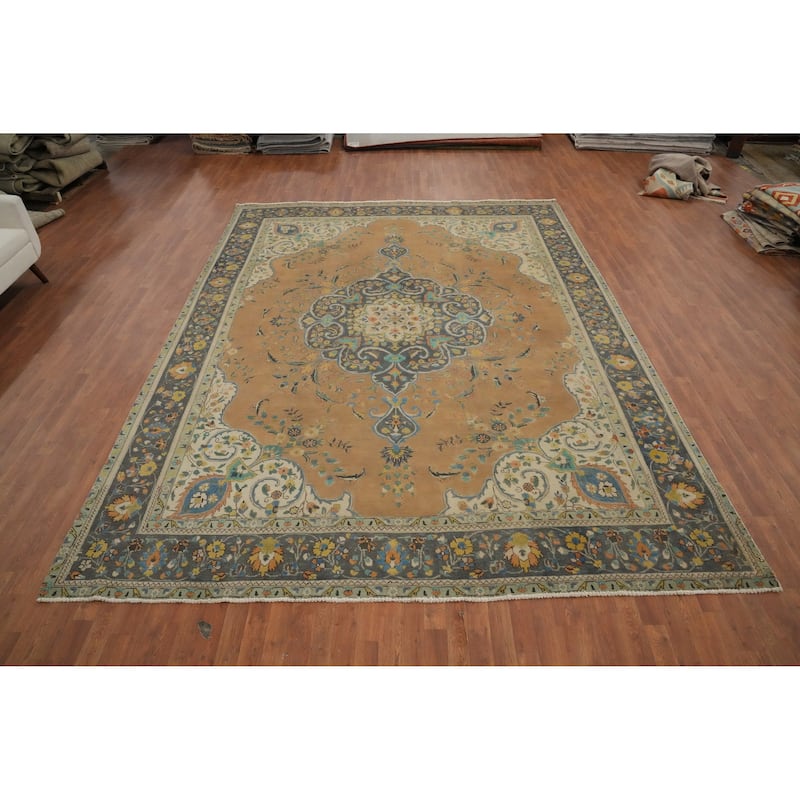 Hand Knotted Oriental 100% Wool Carpet Traditional Floral Oranges & Rust Tabriz Area Rug - 13' 0'' X 9' 9''