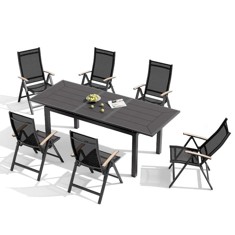 7PC Pellebant Outdoor Patio Aluminum Expandable Dining Set Table WPC Top with Folding Chairs