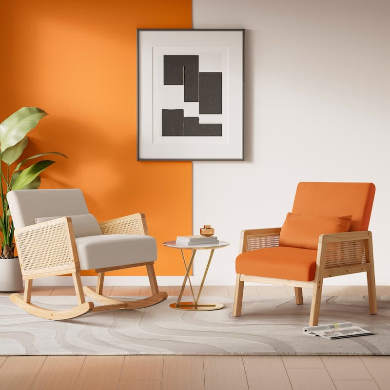Furniwell Upholstered Living Room Accent Chair with Pillow, Single Sofa with Rattan Wooden Armrests