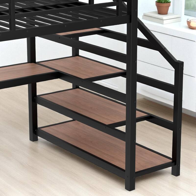 Full/Queen Size Metal Loft Bed with Desk, Storage Stairs, LED Lights, USB Ports and Pegboard, No Box Spring Needed
