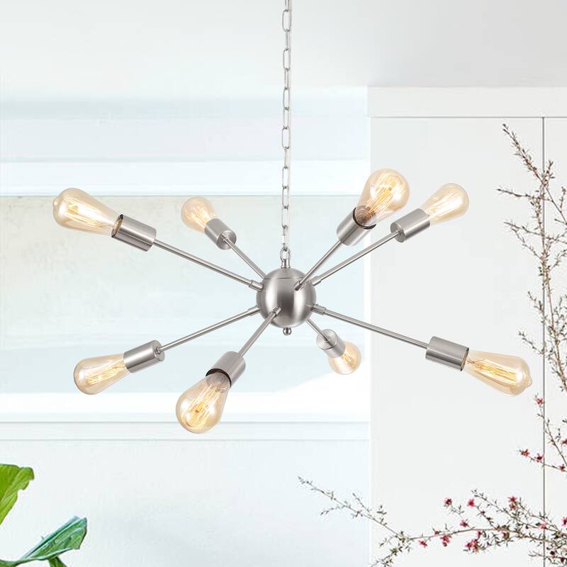 8-Light Hanging Sputnik Linear Chandelier Lighting with Plug for Kitchen Island - Nickel