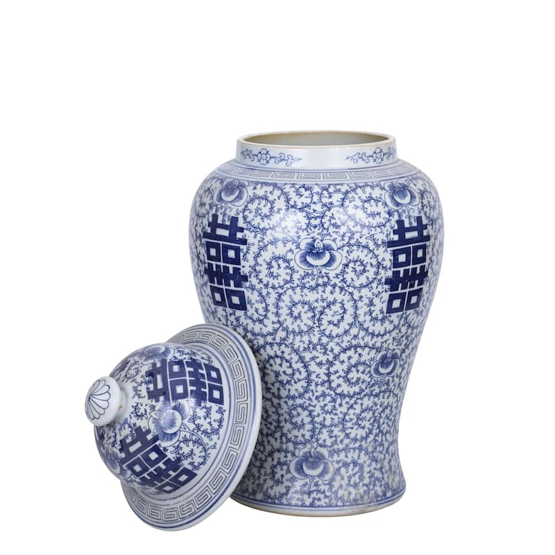 Blue and White Double Happiness Floral Temple Jar - Large