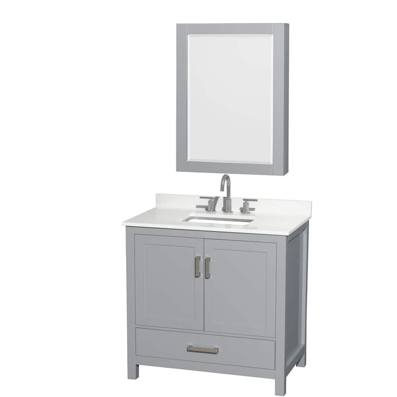 Sheffield 36-inch Single Vanity, 3 Hole Quartz Top, Med Cabinet - Gray, Chrome Trim, White Quartz Top