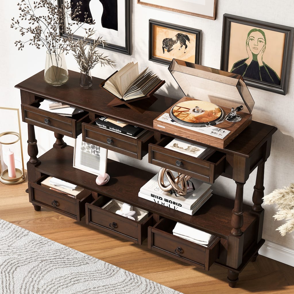 Solid Wood Console Table with 6 Drawers and Shelf, Vintage 54" 2-Tier Wood Couch Foyer Table for Living Room, Hallway