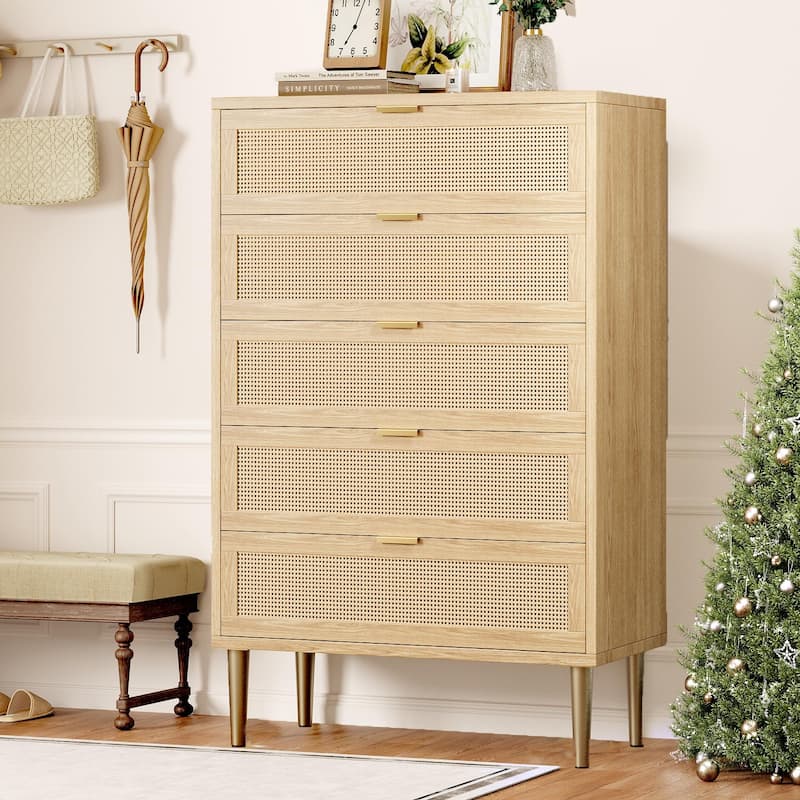 Rattan 5 Drawer Dresser, 44'' Tall Narrow Chest, Farmhouse Vertical Dresser with Metal Legs and Handles