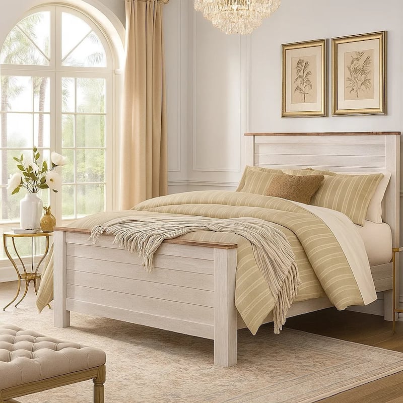 Isla Queen Panel Bed, Faux Planks Block Pattern, Whitewash & Brown Wood