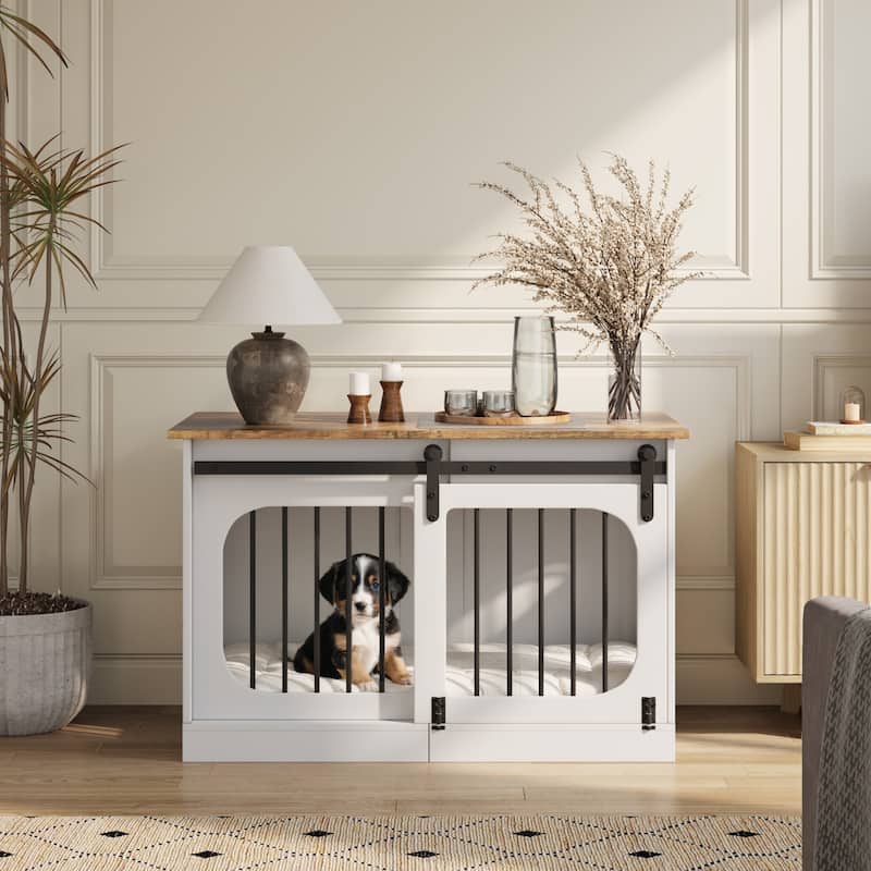 EROMMY Multifunctional Dog Crate Furniture - Heavy Duty Wooden Kennel with Soft Cushion, End Table/TV Cabinet for Indoor Use - Small