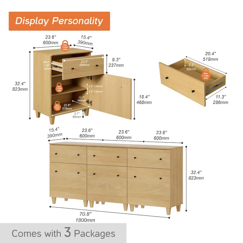 70.8" Sideboards Drawer Cabinet, 3-In-1 Kitchen Buffet Table