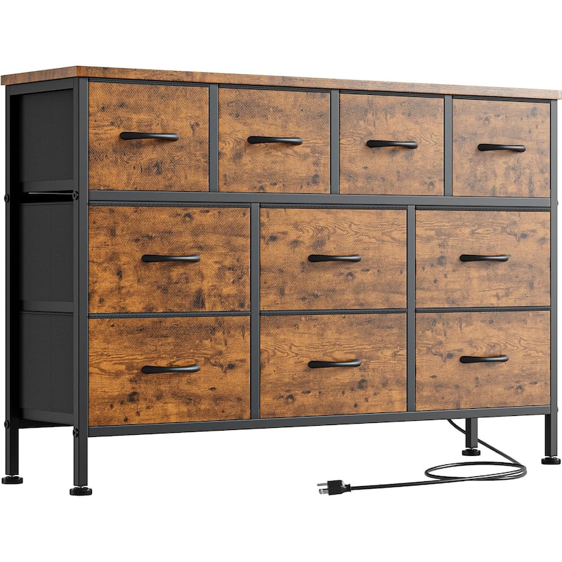 10 Drawer Dresser Fabric 43.3" TV Stand Power Outlet Chest of Drawers