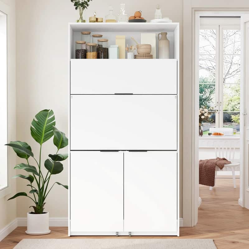 69"Tall Kitchen Pantry with Hutch, Multifunctional Storage Cabinet with Adjustable Shelf and Power Outlet