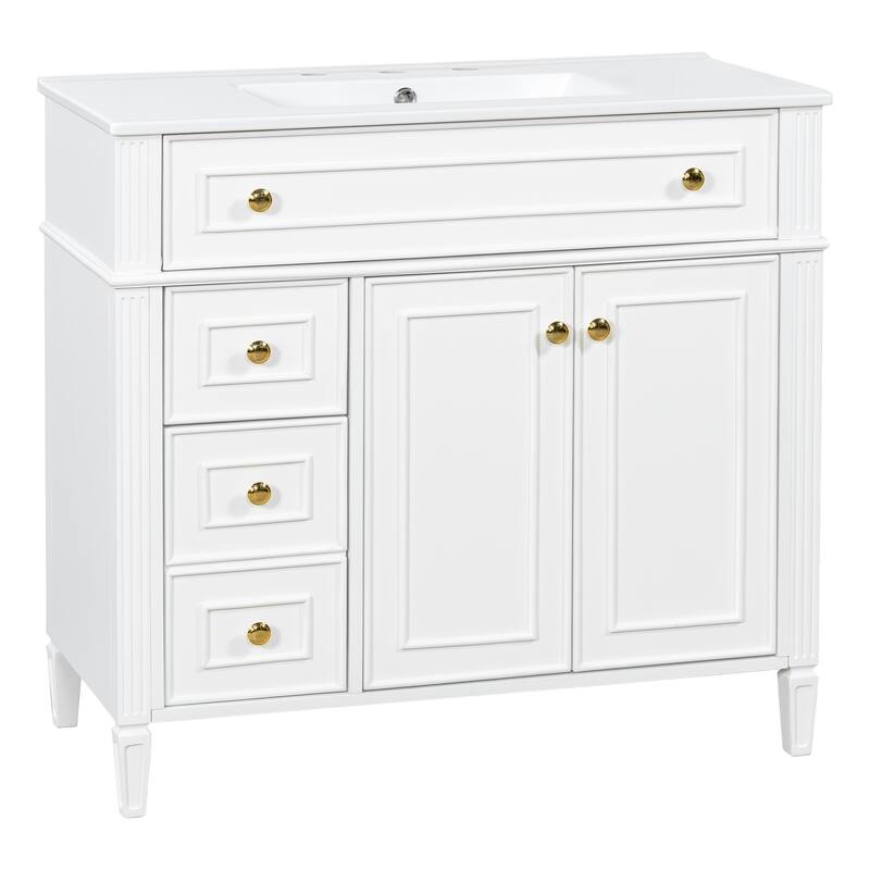 Modern 36 Inch Bathroom Vanity with Ceramic Sink, Solid Wood Frame Bathroom Storage Cabinet with Drawers and Gold Handles